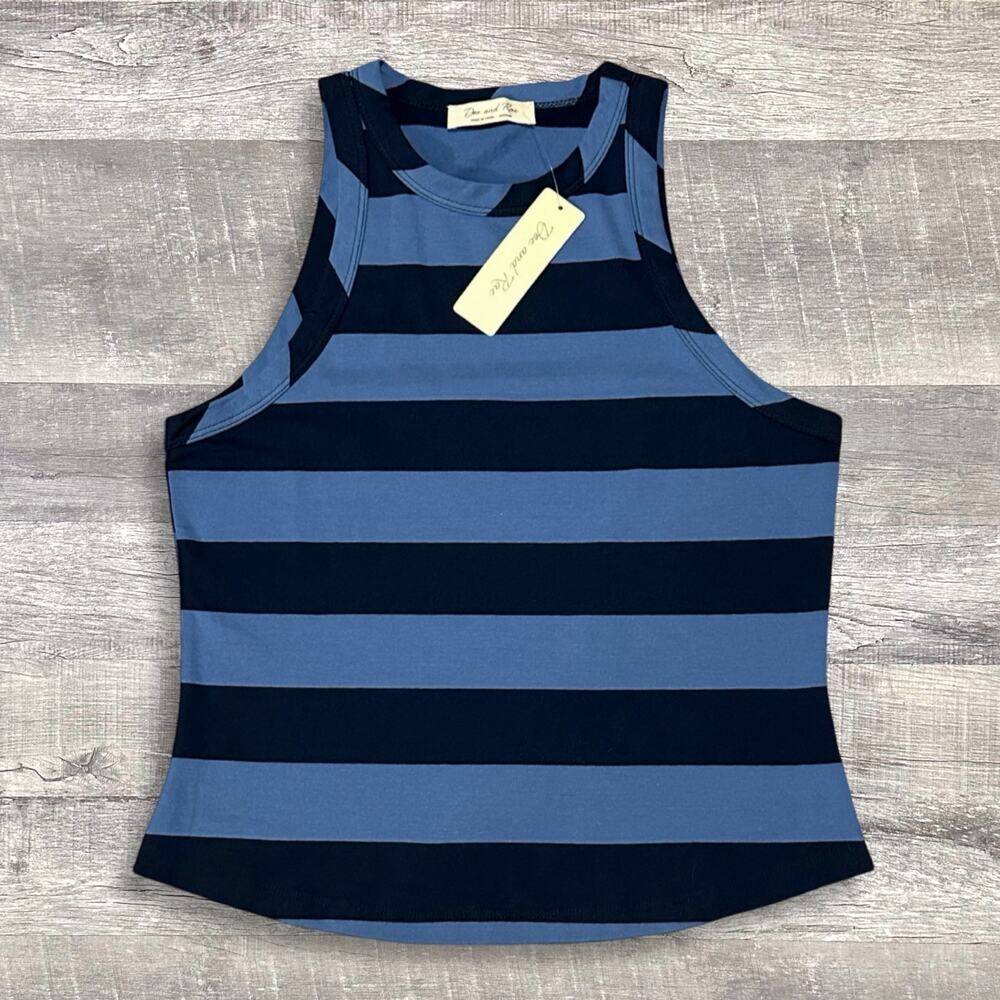 Doe and Rae Blue Striped Racerback Tank Top NEW Womens S Cotton Stretch